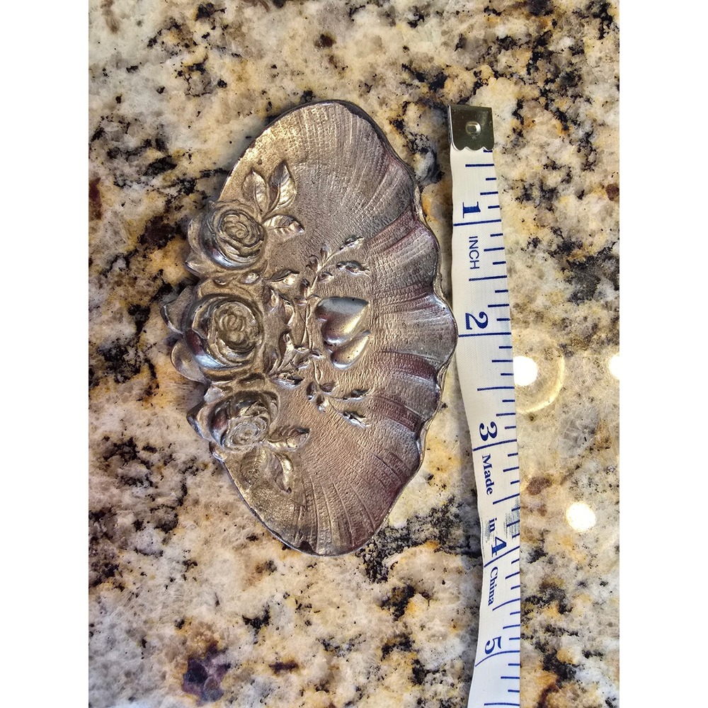 Vintage Parise F Antique Pewter Trinket Dish Roses Hearts Scalloped Jewelry Tray